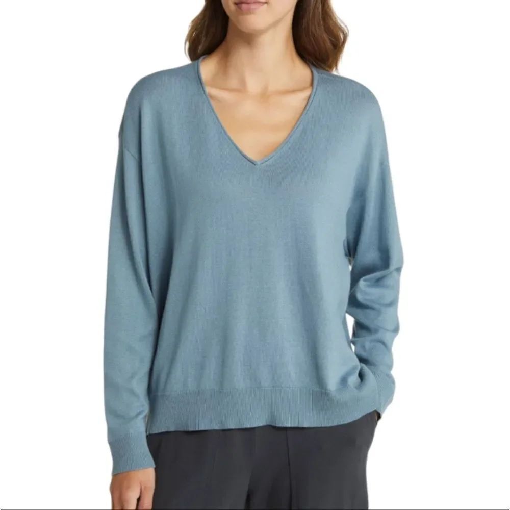 Eileen Fisher V-Neck Organic Cotton Blend Sweater In Blue Steel Boxy Pullover